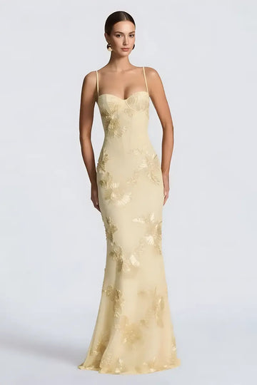 Floral Embroidery Spaghetti Strap Long Prom Gown