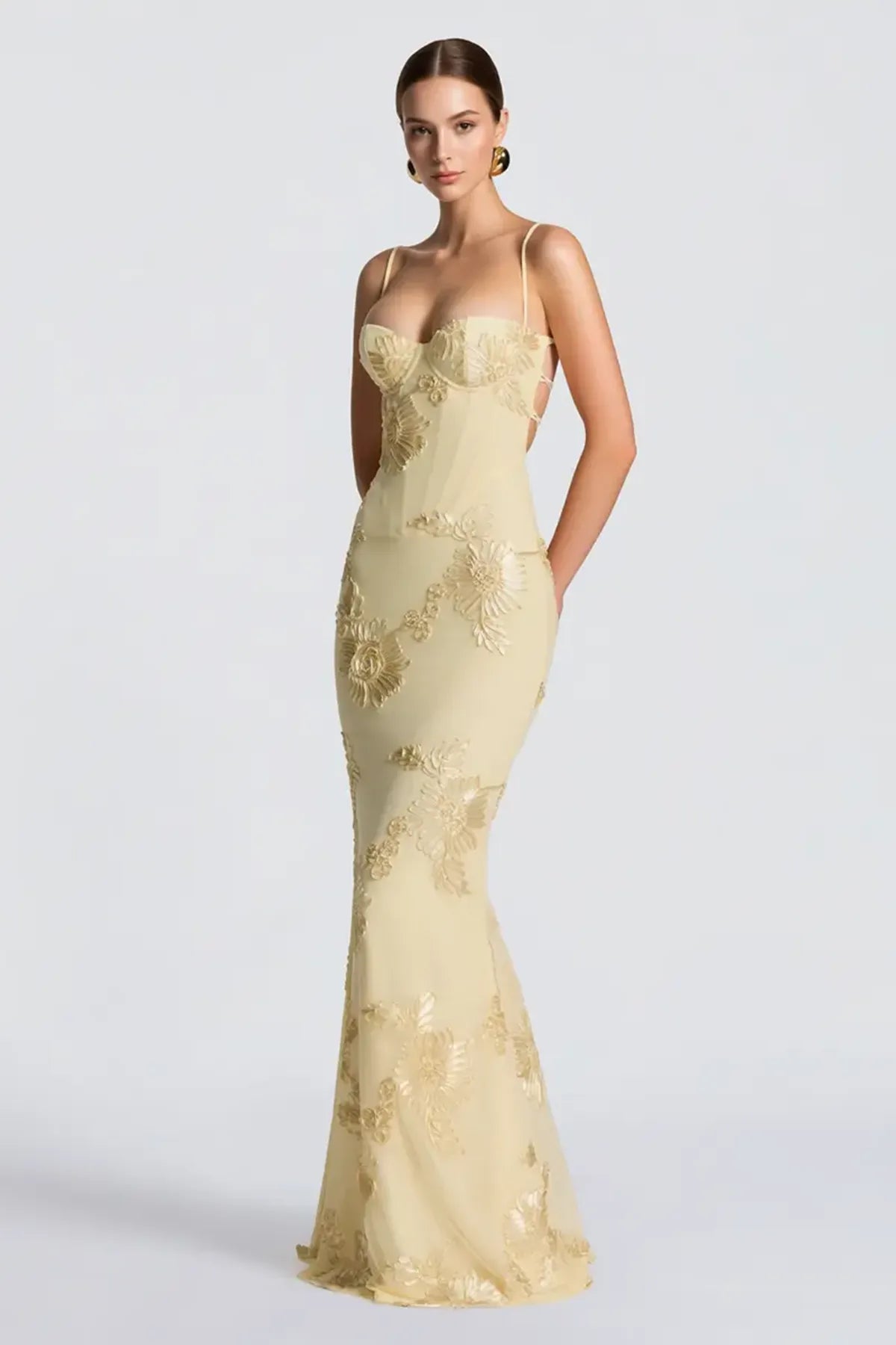 Floral Embroidery Spaghetti Strap Long Prom Gown