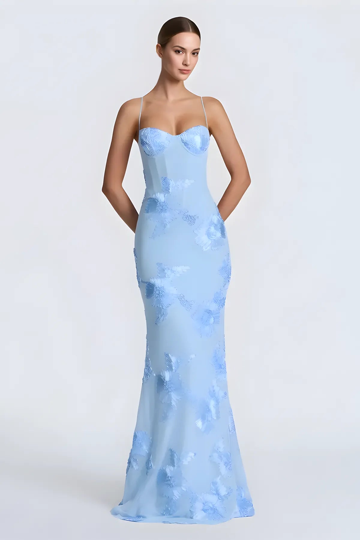 Floral Embroidery Spaghetti Strap Long Prom Gown