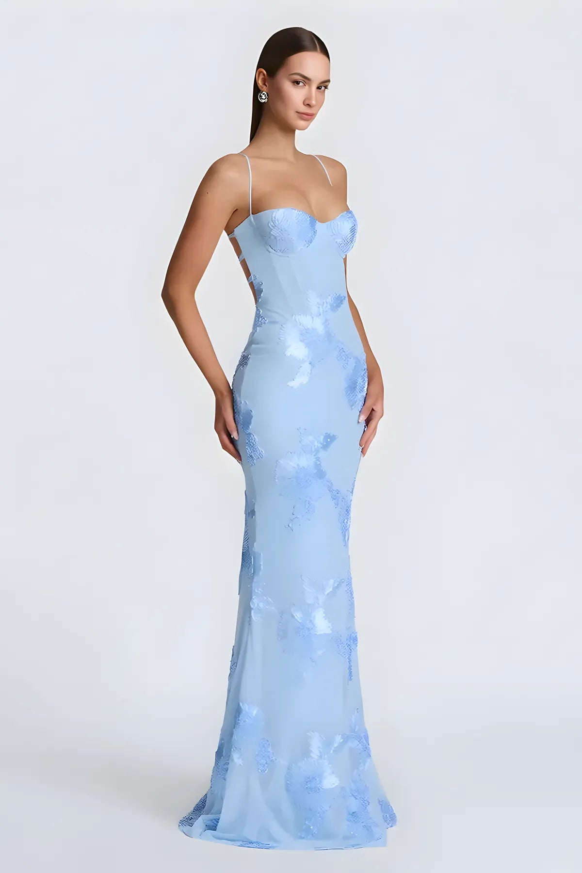Floral Embroidery Spaghetti Strap Long Prom Gown