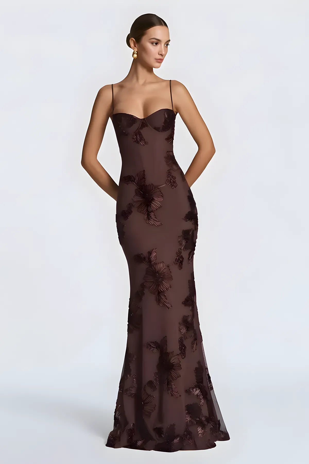 Floral Embroidery Spaghetti Strap Long Prom Gown