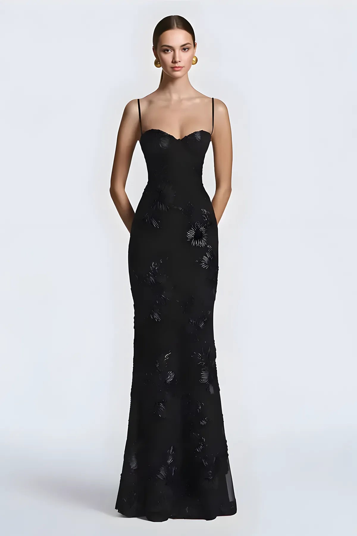 Floral Embroidery Spaghetti Strap Long Prom Gown