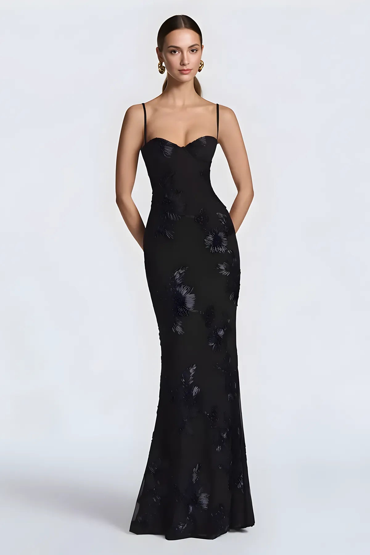 Floral Embroidery Spaghetti Strap Long Prom Gown