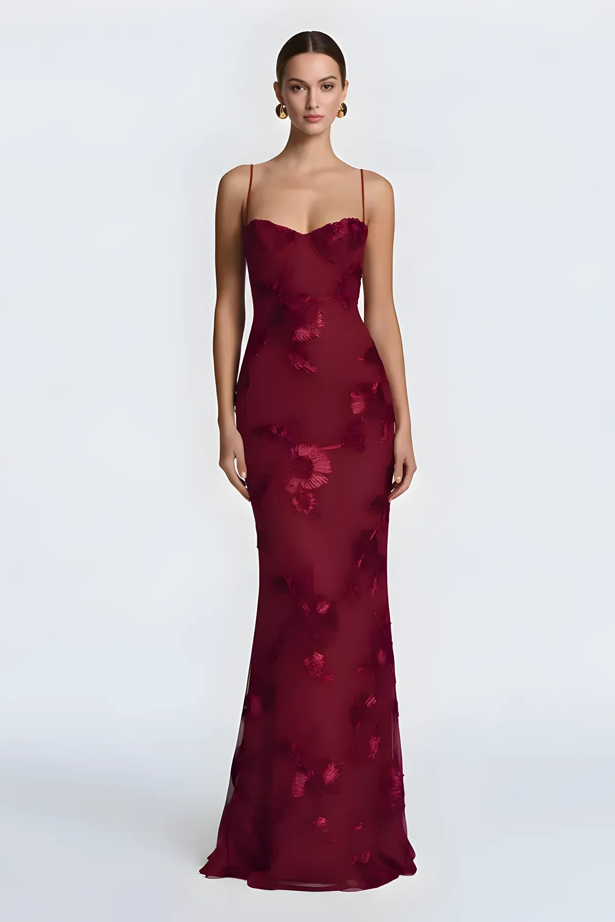 Floral Embroidery Spaghetti Strap Long Prom Gown