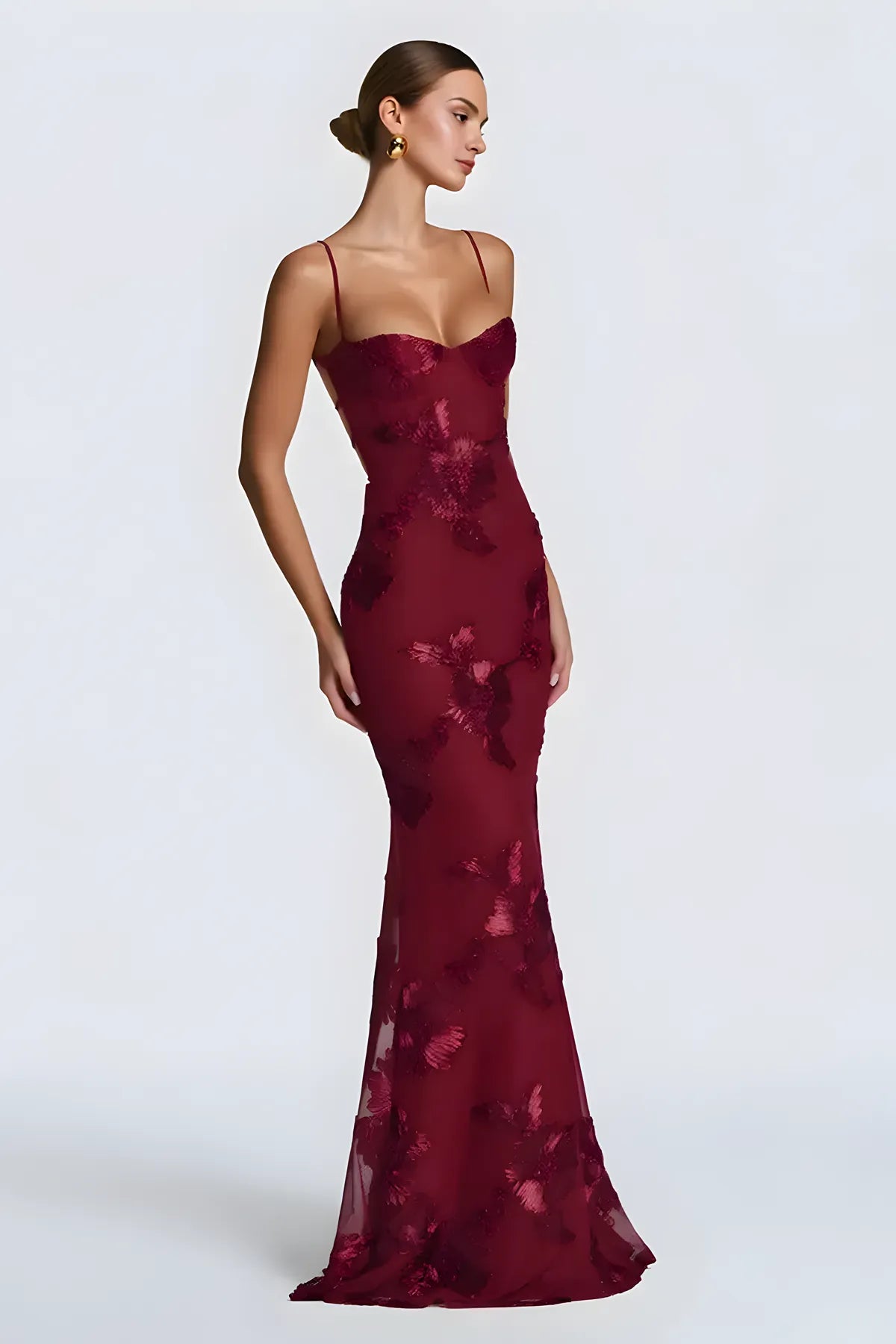 Floral Embroidery Spaghetti Strap Long Prom Gown
