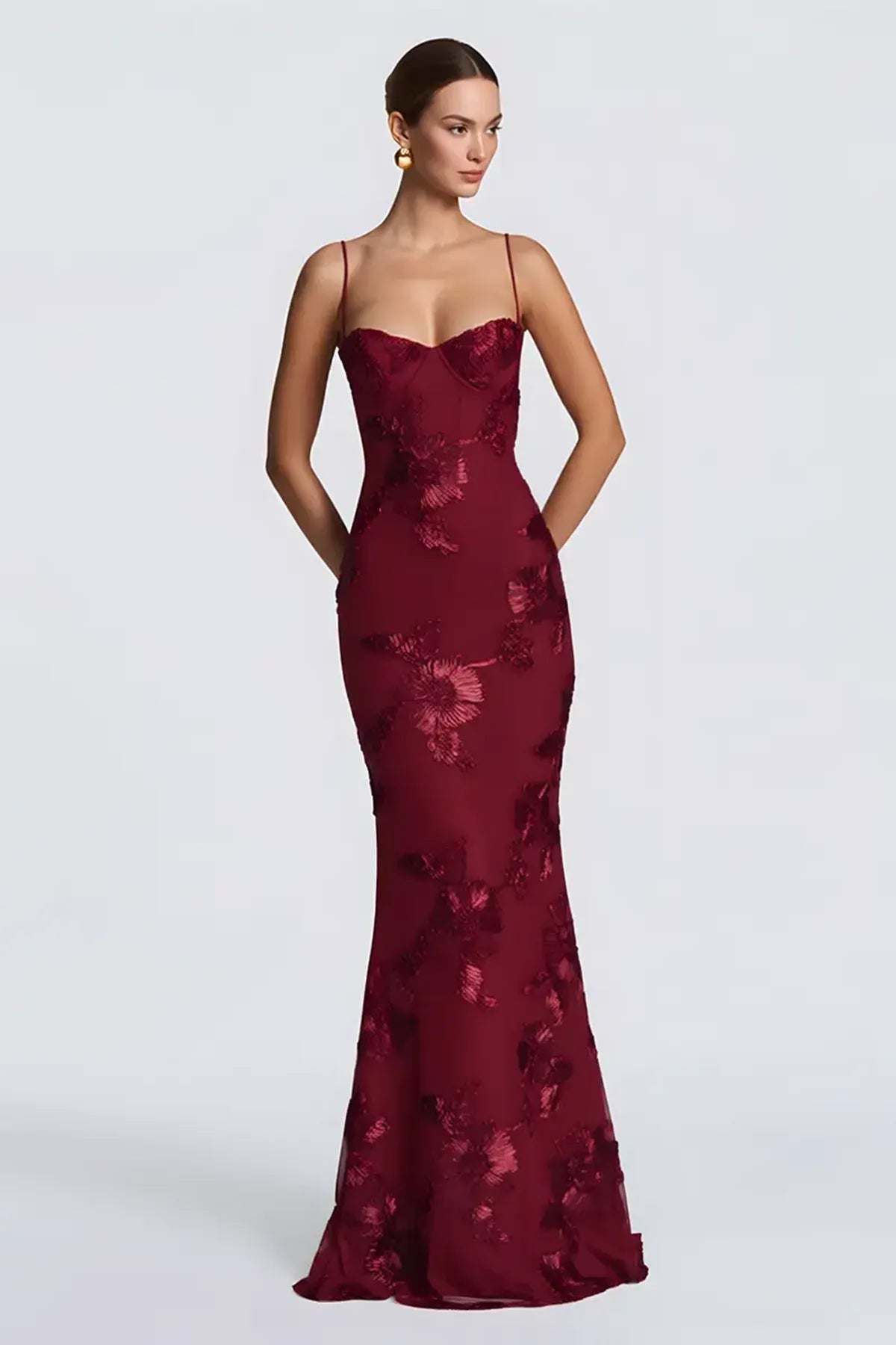 Floral Embroidery Spaghetti Strap Long Prom Gown