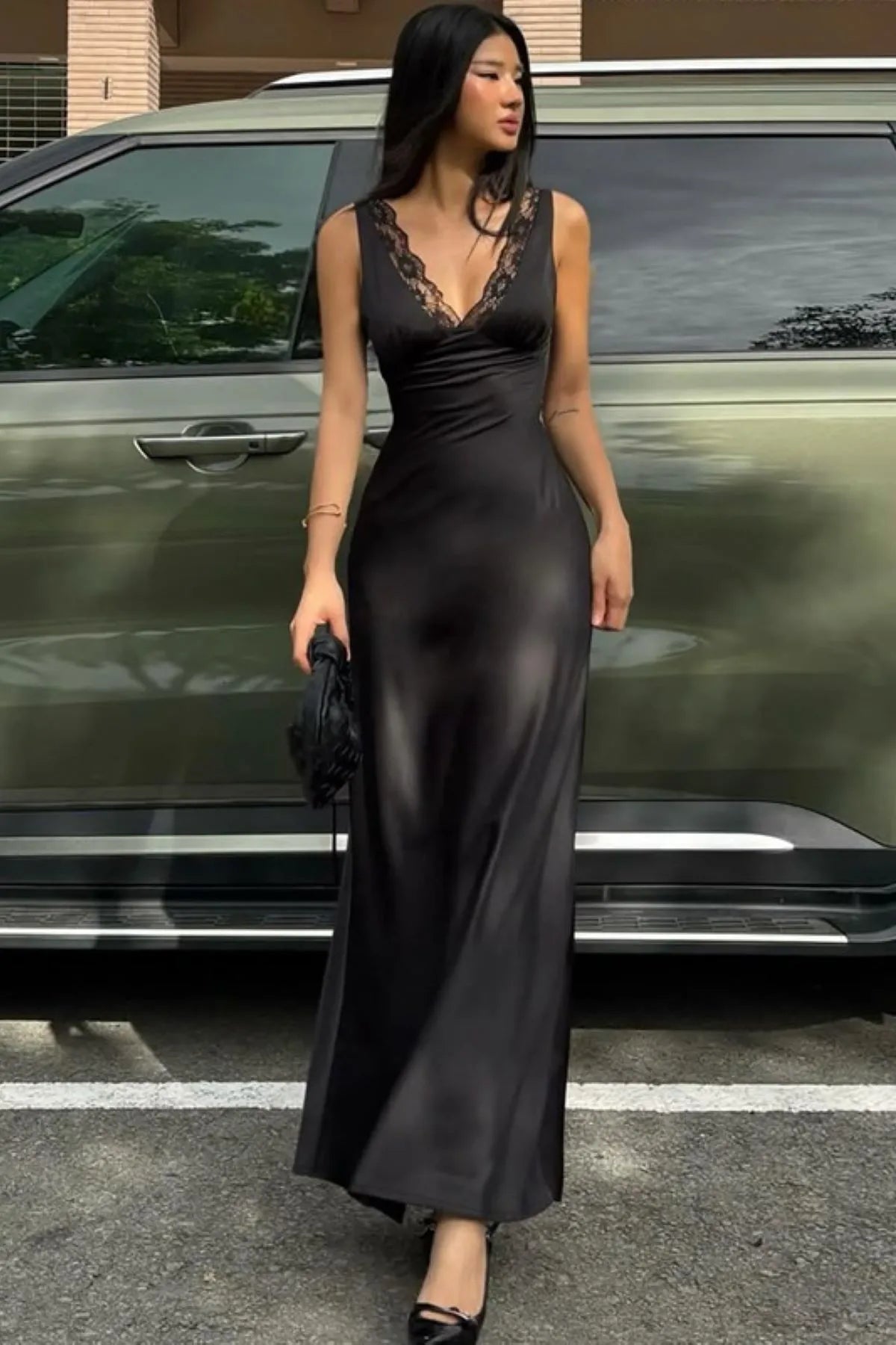 Lace Trim V-Neck Maxi Dress