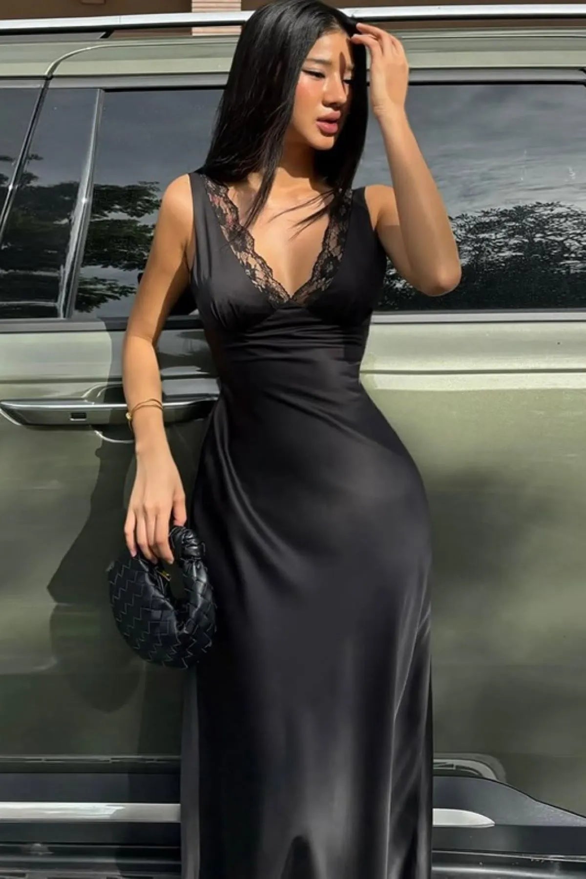Lace Trim V-Neck Maxi Dress
