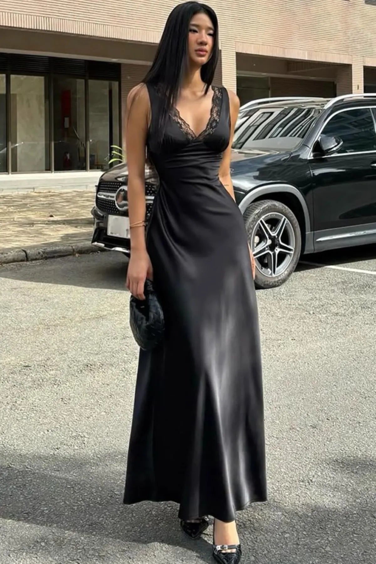 Lace Trim V-Neck Maxi Dress