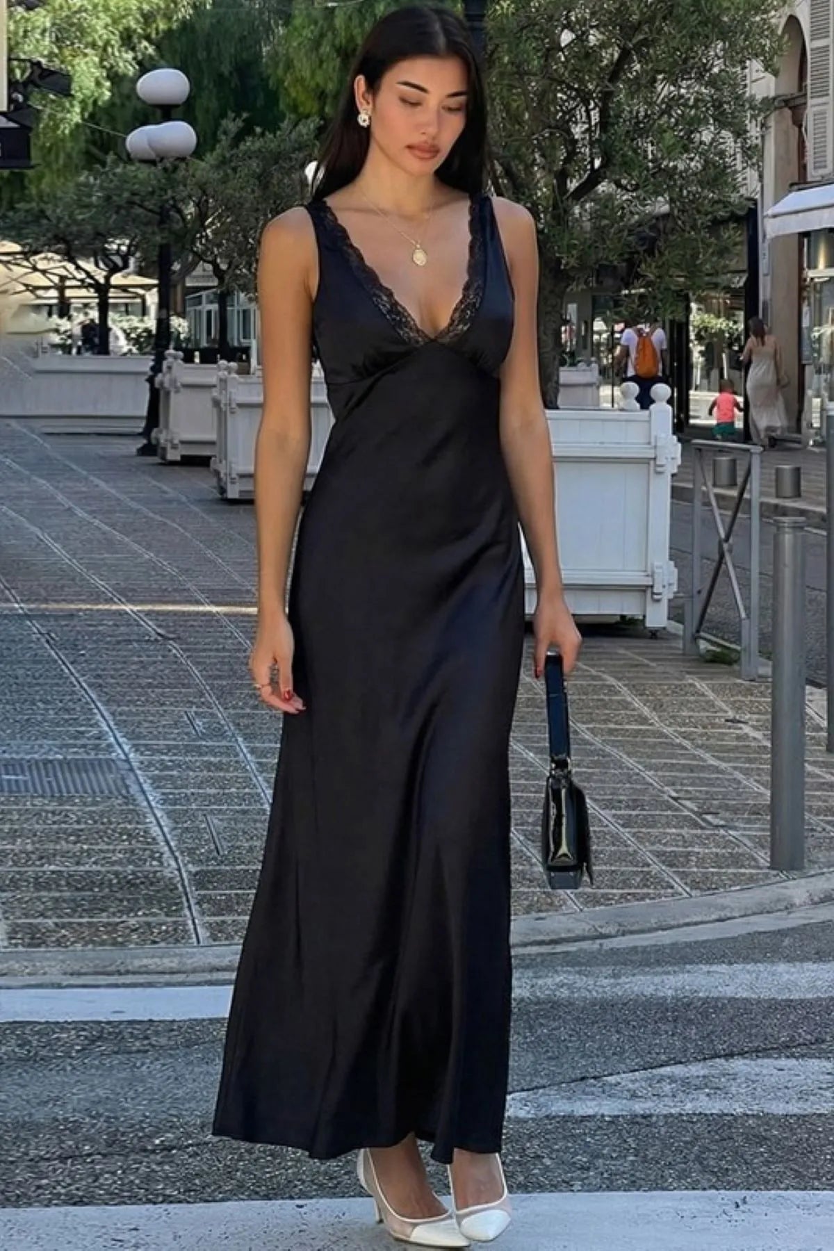 Lace Trim V-Neck Maxi Dress