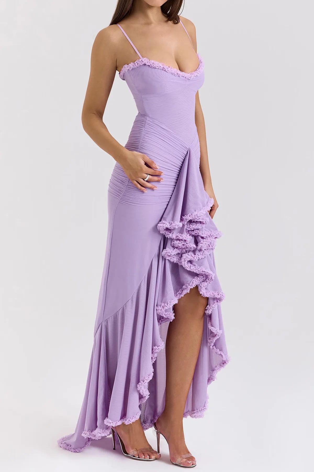 Strappy Ruched High-Low Evening Dress