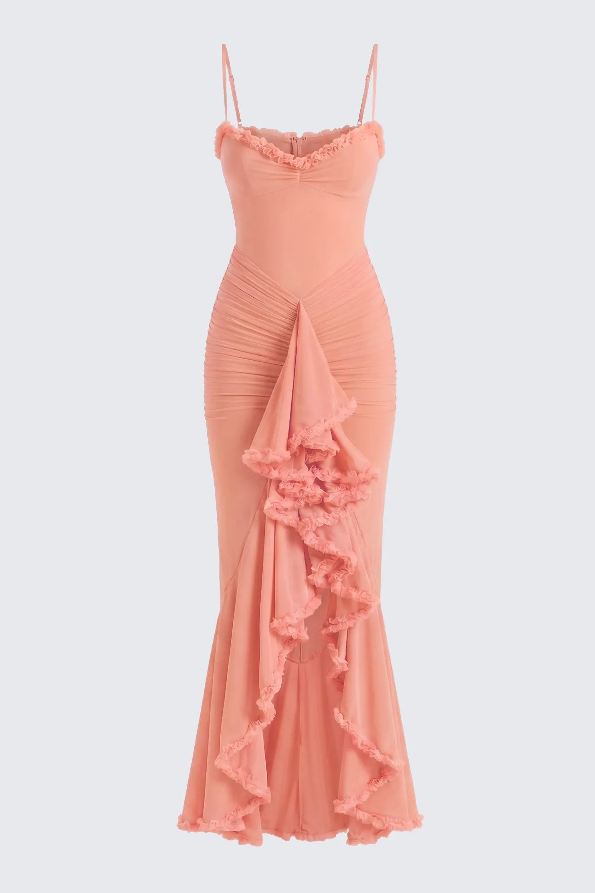 Strappy Ruched High-Low Evening Dress