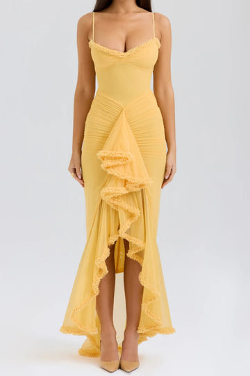 Strappy Ruched High-Low Evening Dress