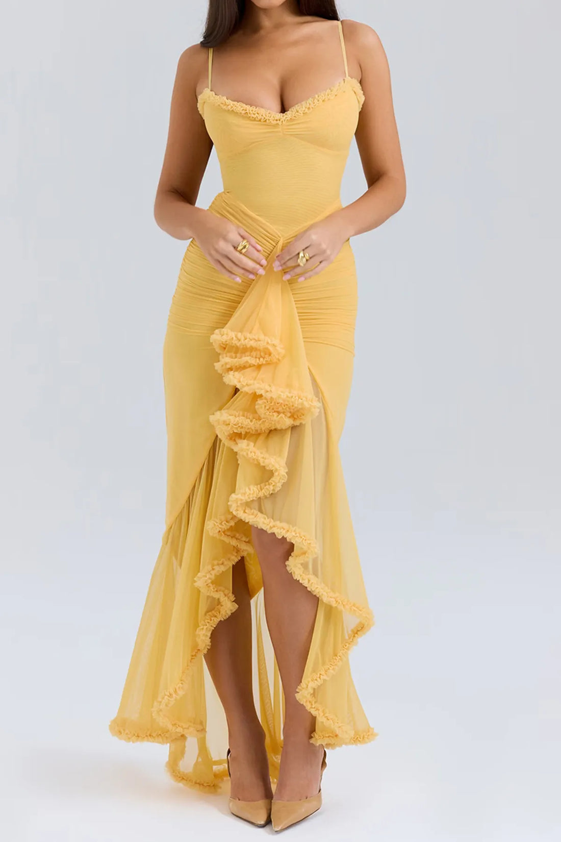 Strappy Ruched High-Low Evening Dress