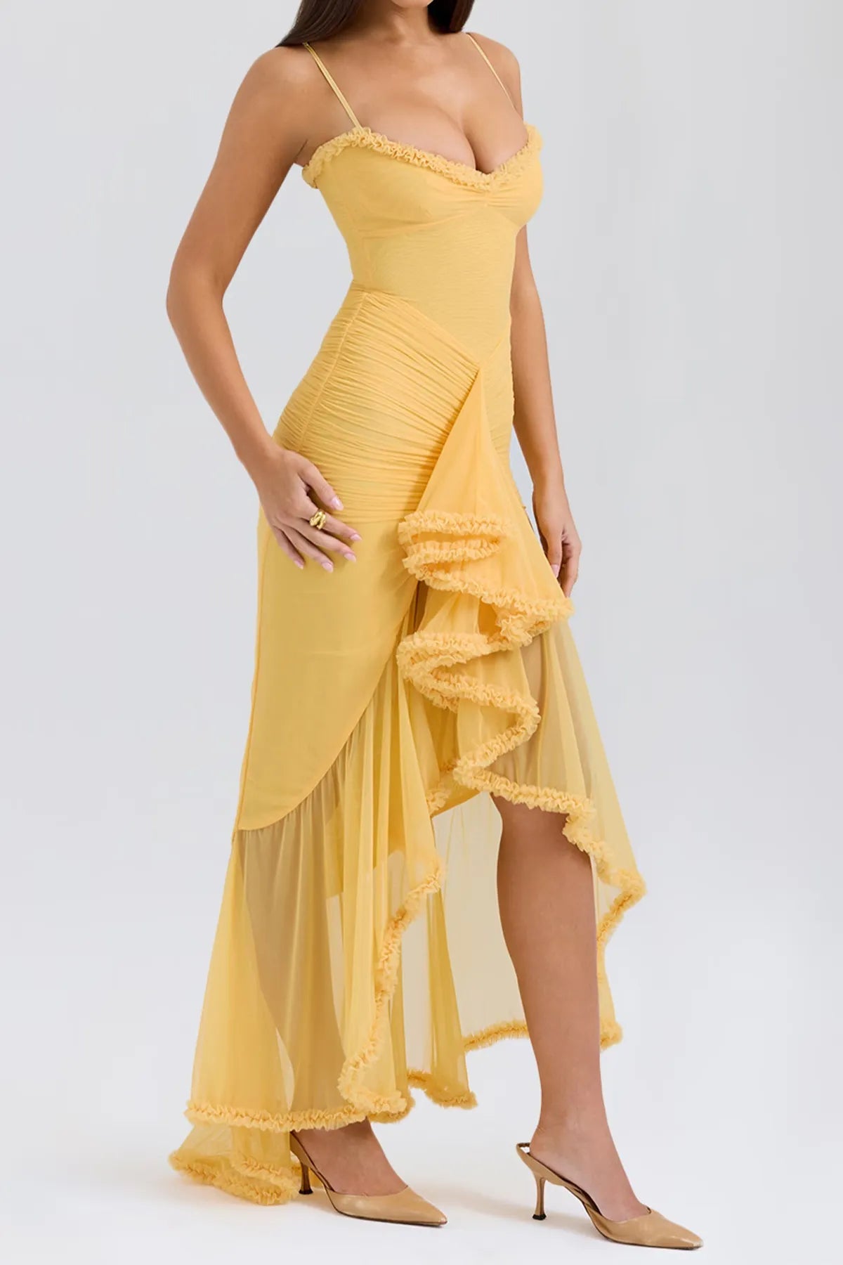 Strappy Ruched High-Low Evening Dress