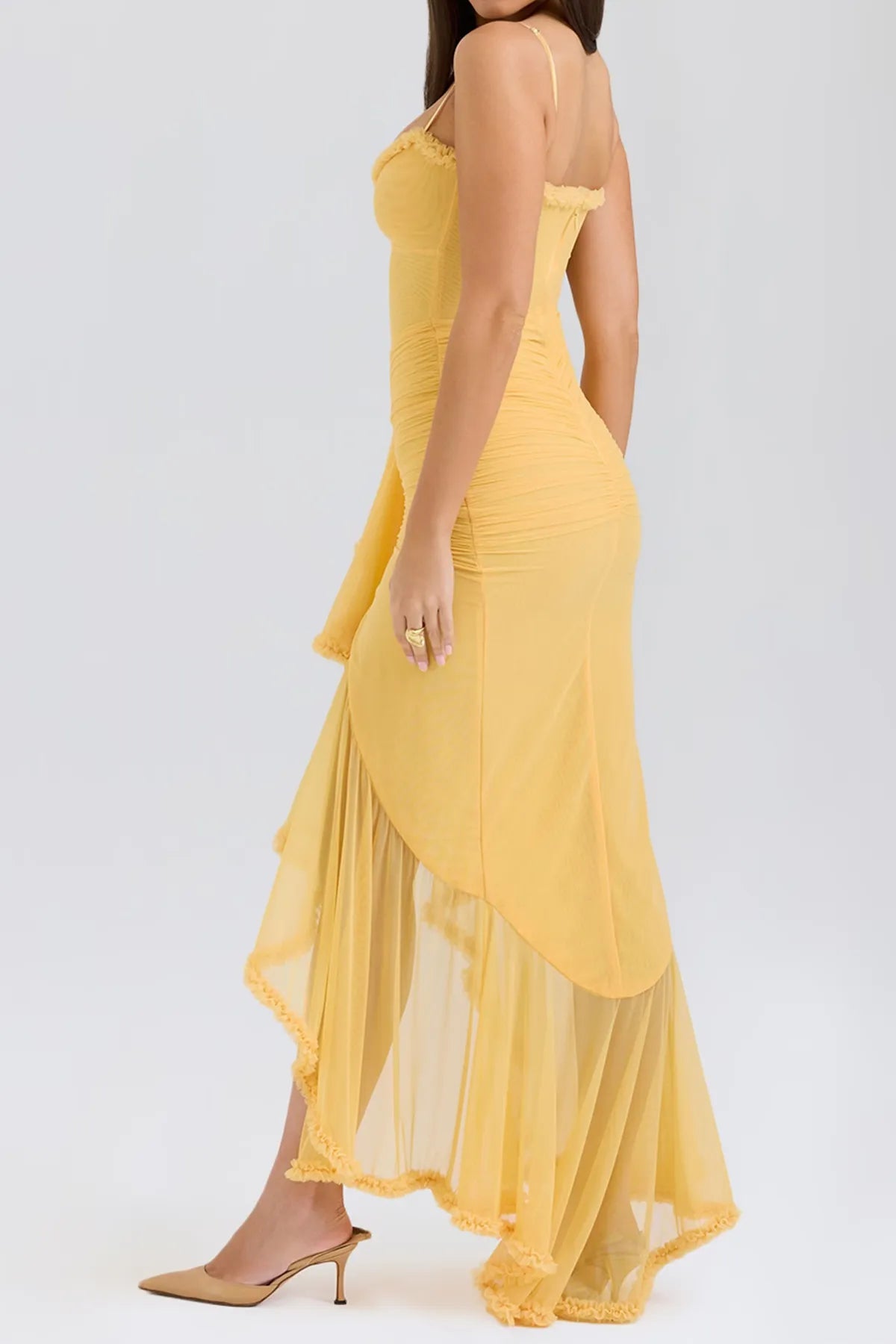 Strappy Ruched High-Low Evening Dress