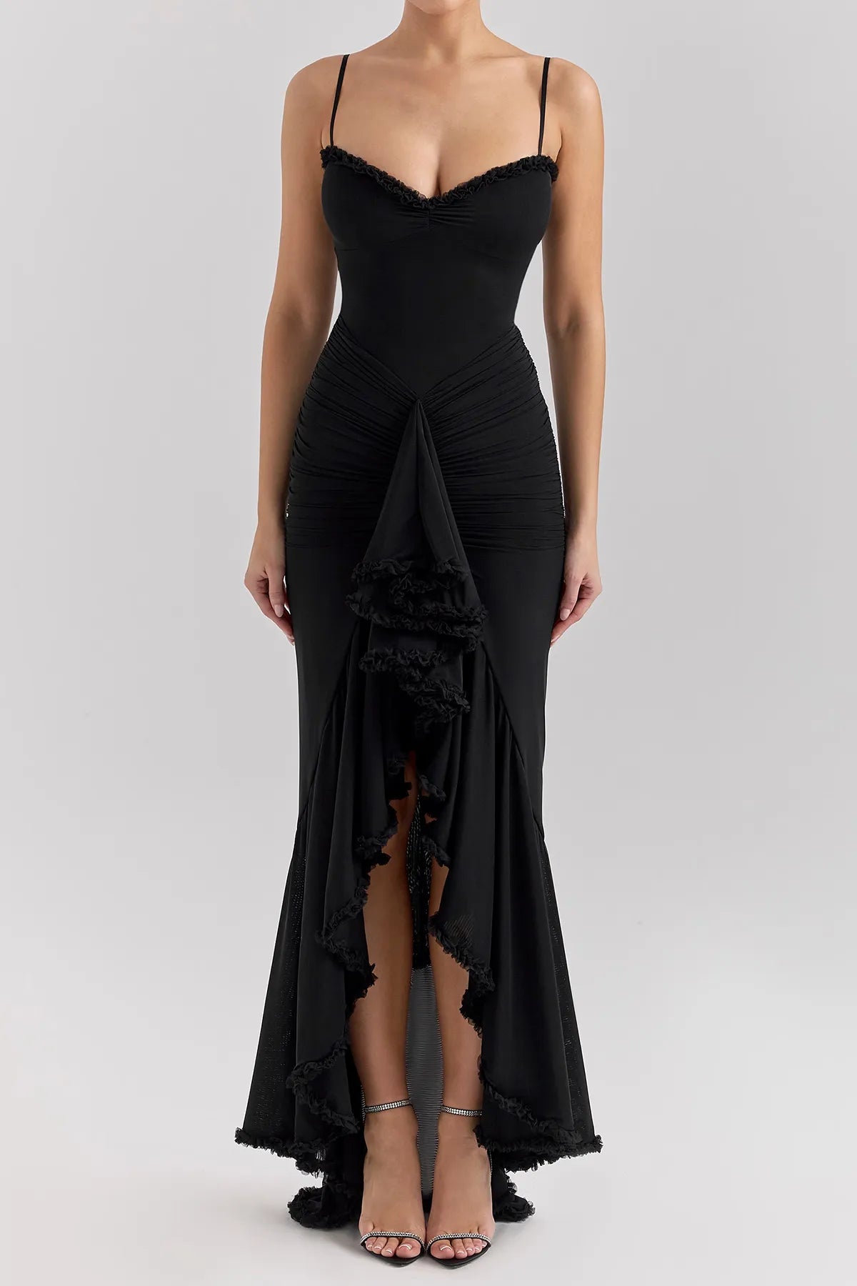 Strappy Ruched High-Low Evening Dress