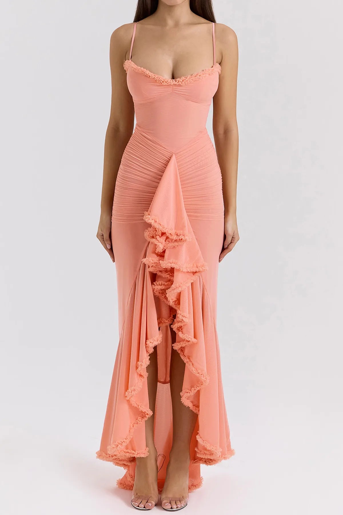 Strappy Ruched High-Low Evening Dress