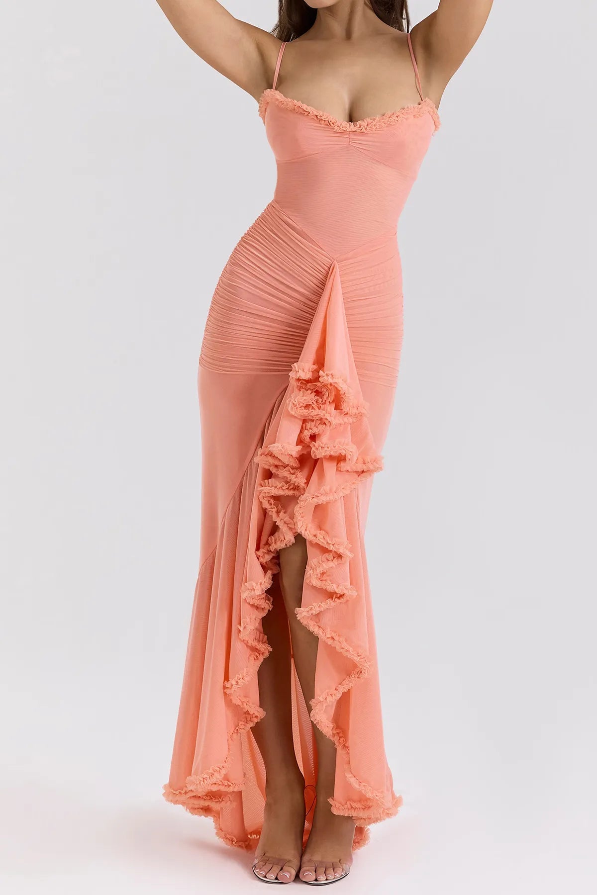 Strappy Ruched High-Low Evening Dress
