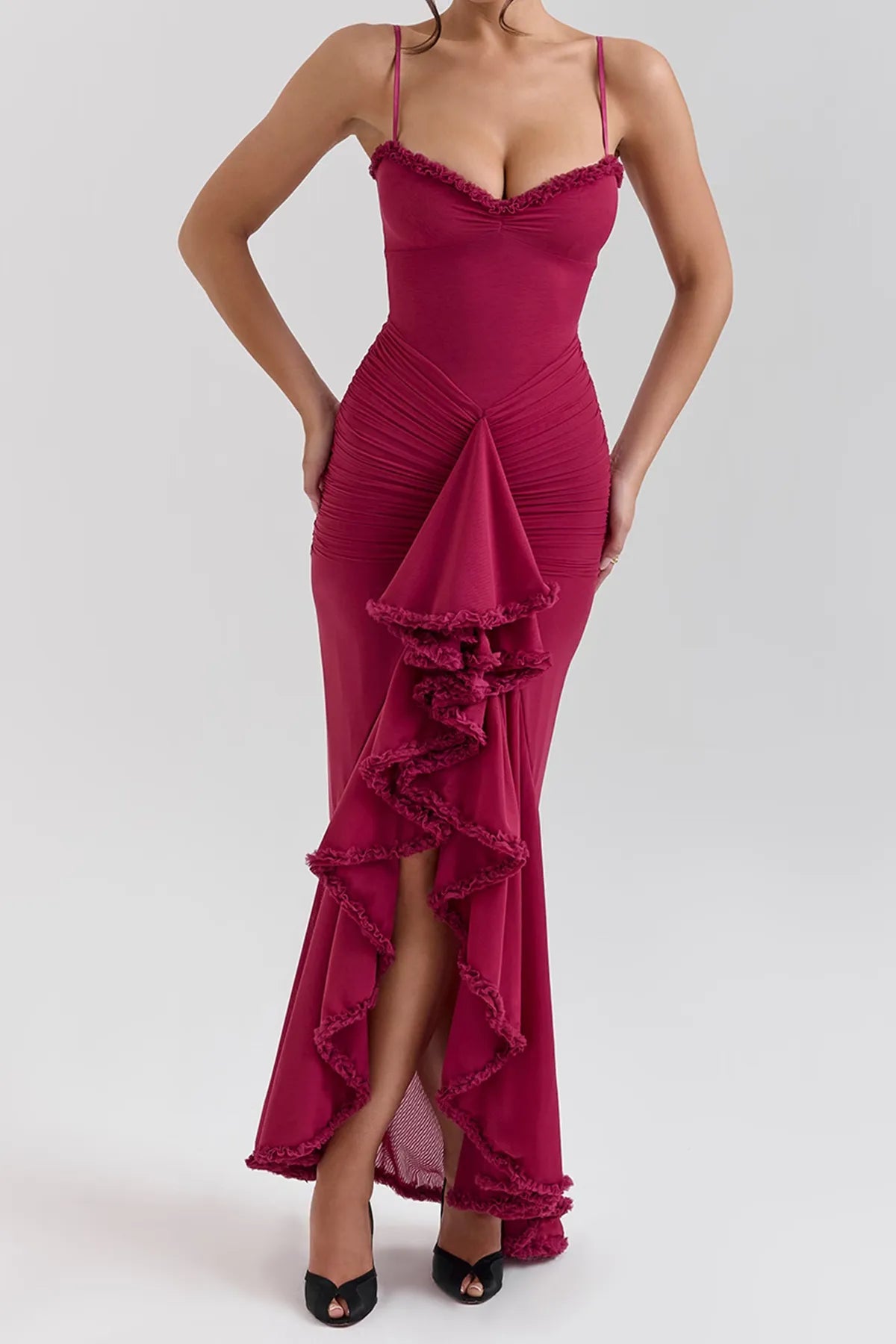 Strappy Ruched High-Low Evening Dress
