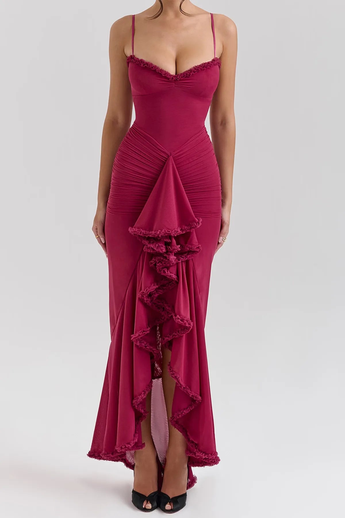 Strappy Ruched High-Low Evening Dress