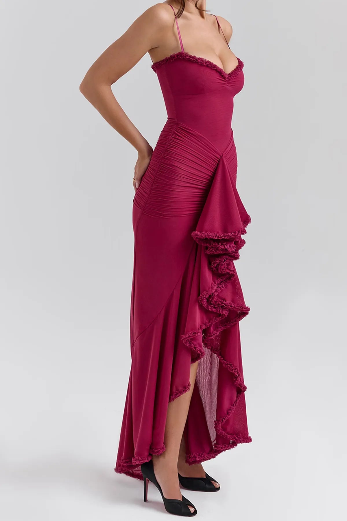 Strappy Ruched High-Low Evening Dress