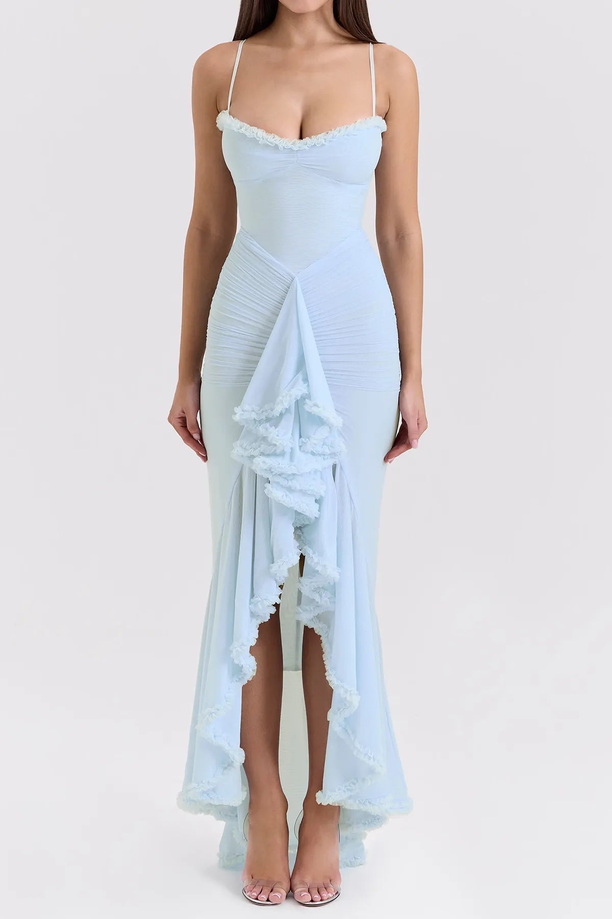Strappy Ruched High-Low Evening Dress