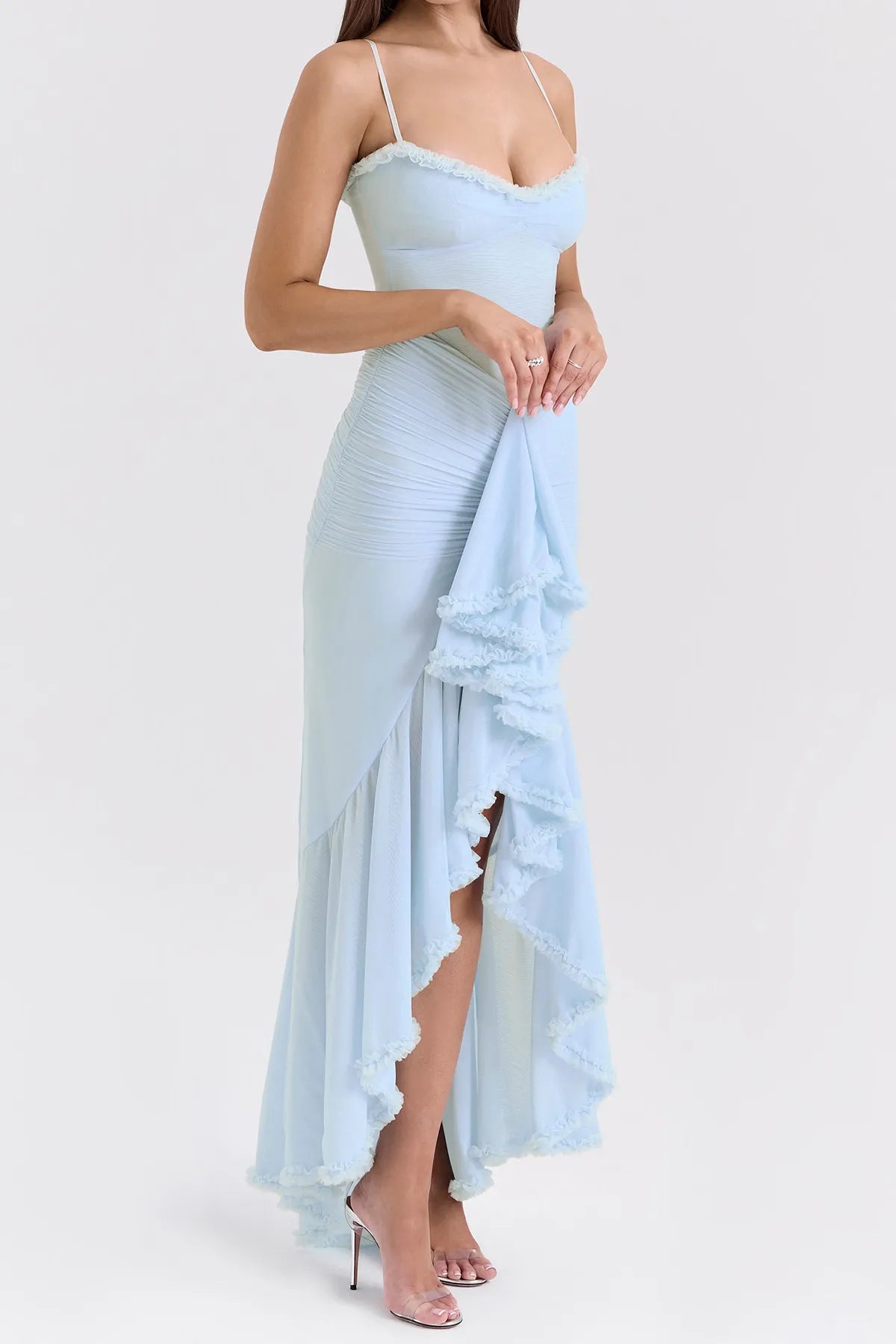 Strappy Ruched High-Low Evening Dress