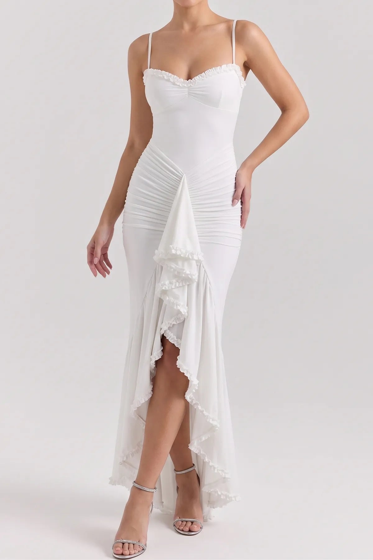Strappy Ruched High-Low Evening Dress