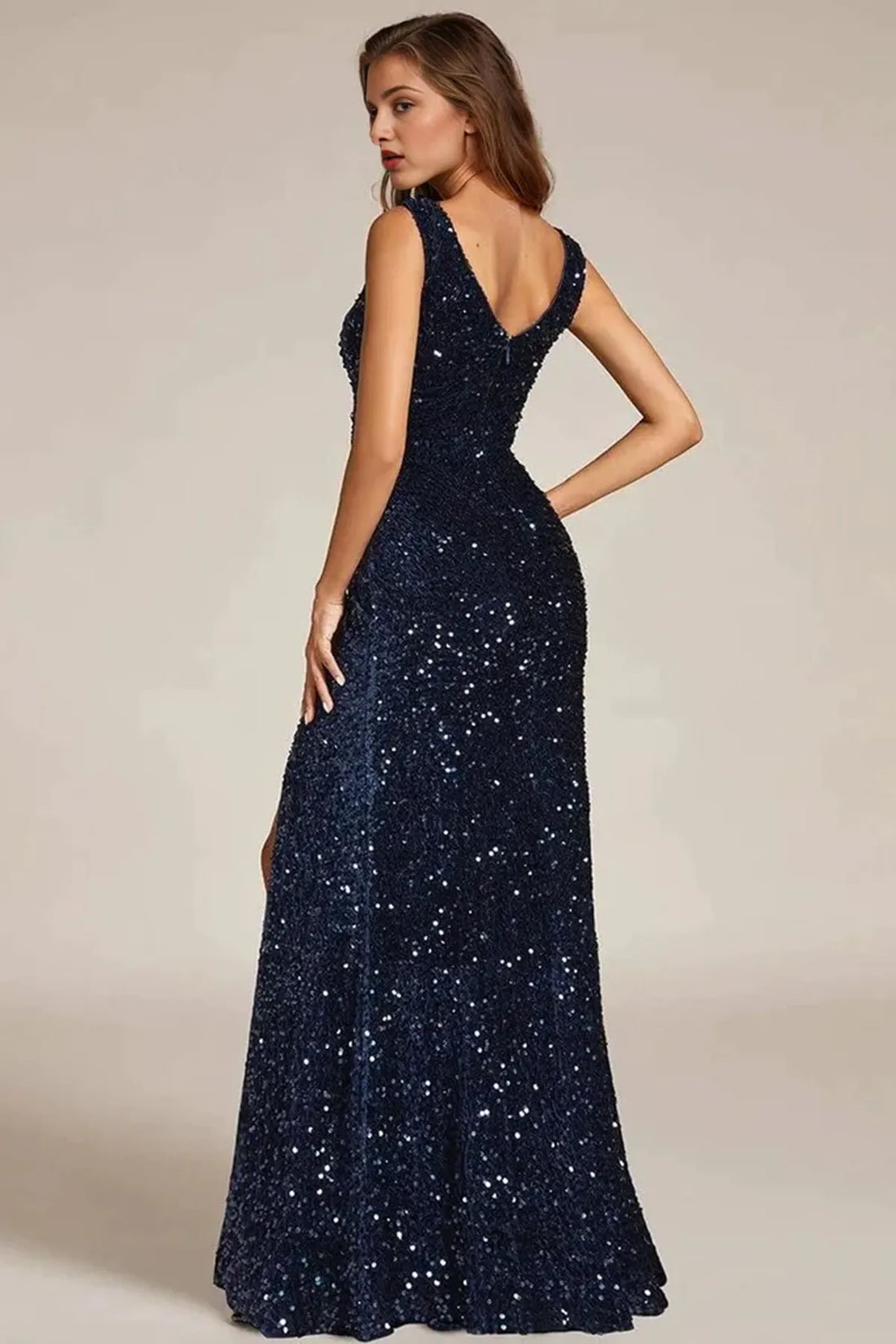 V-Neck Sequin Split Evening Dress